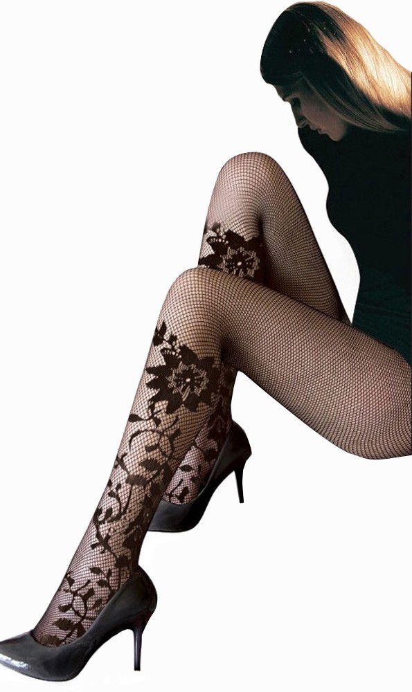 Collant Resille Noir Tatouage Motif Fleur