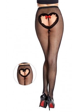 Collant Résille String Noir Dentelle Ouvert Coeur Noeud (Noir, Rouge)